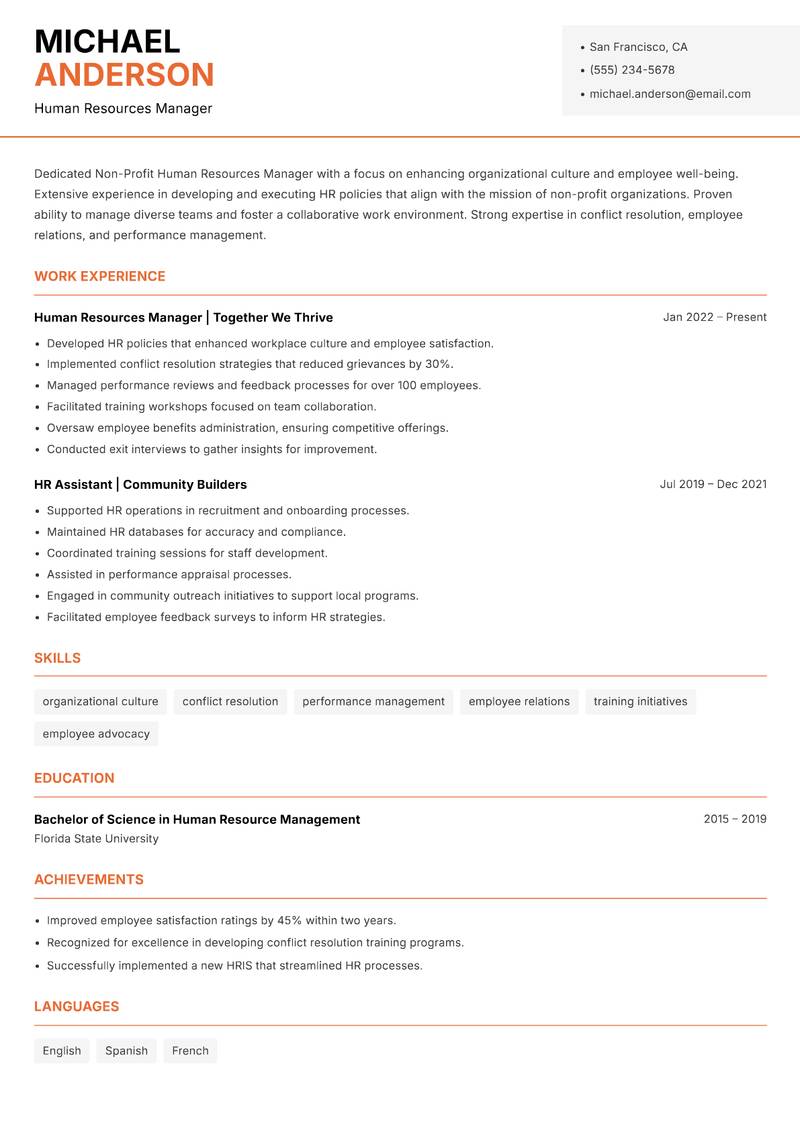 Non-Profit Human Resources Manager resume sample — Human Resources Manager focus