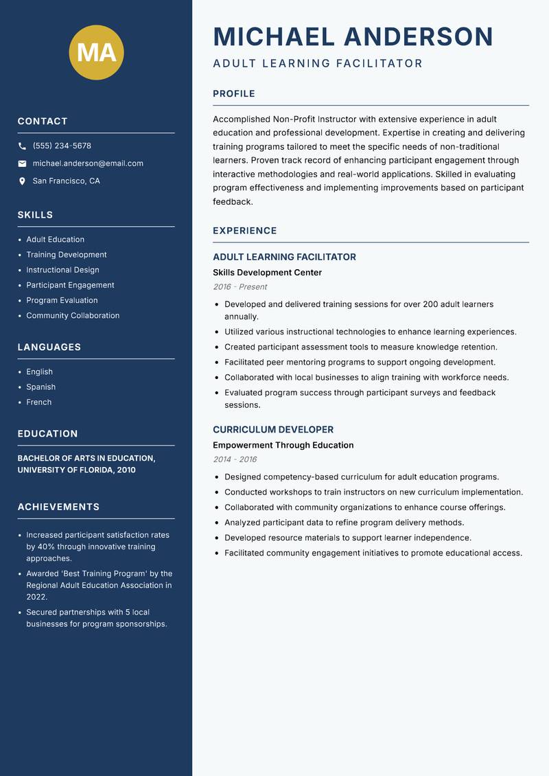 Non-Profit Instructor resume sample — Adult Learning Facilitator focus