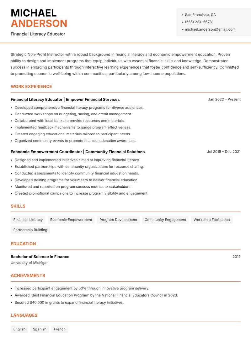 Non-Profit Instructor resume sample — Financial Literacy Educator focus