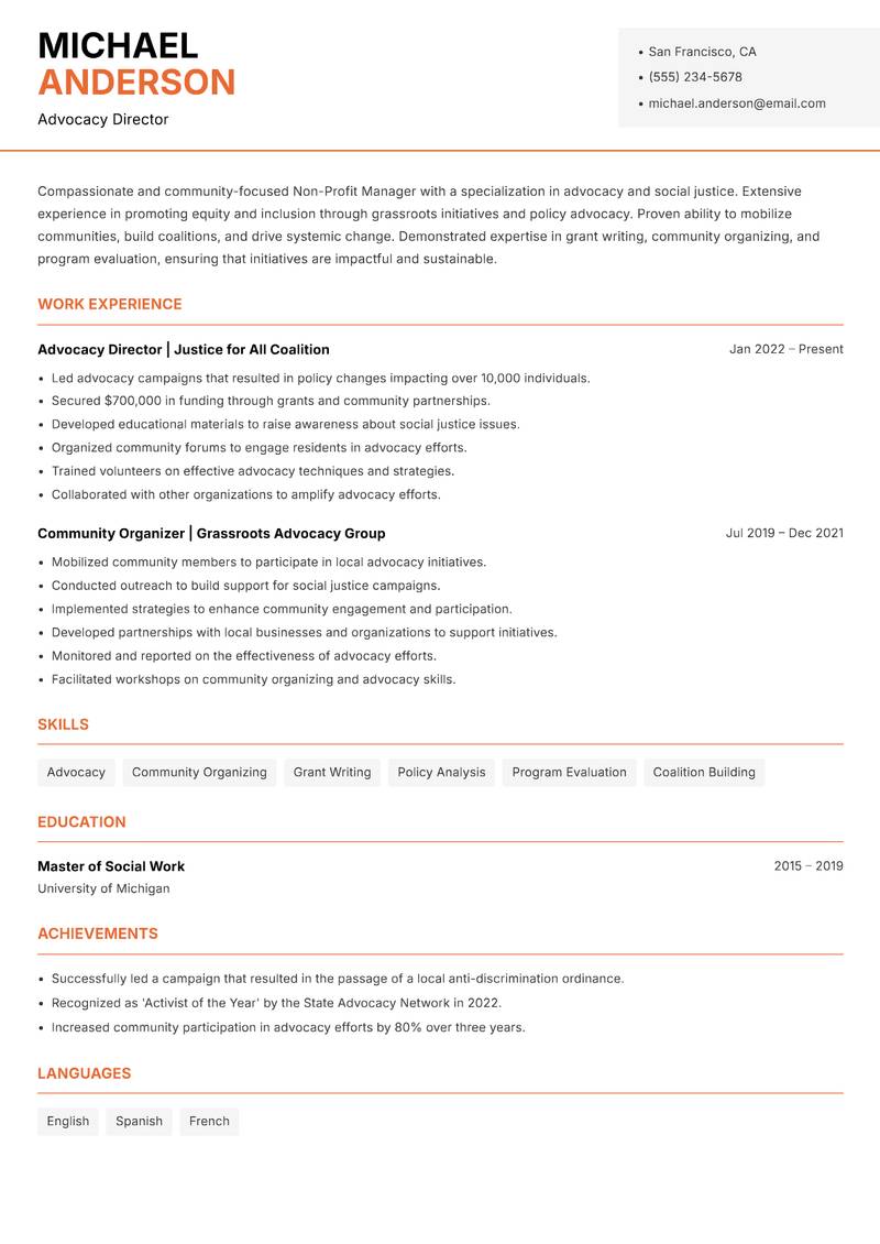 Non-Profit Manager resume sample — Advocacy Director focus