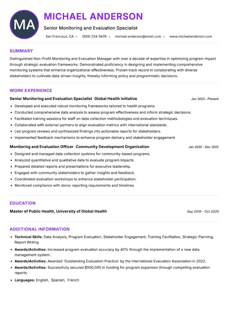 Non-Profit Monitoring and Evaluation Manager resume example