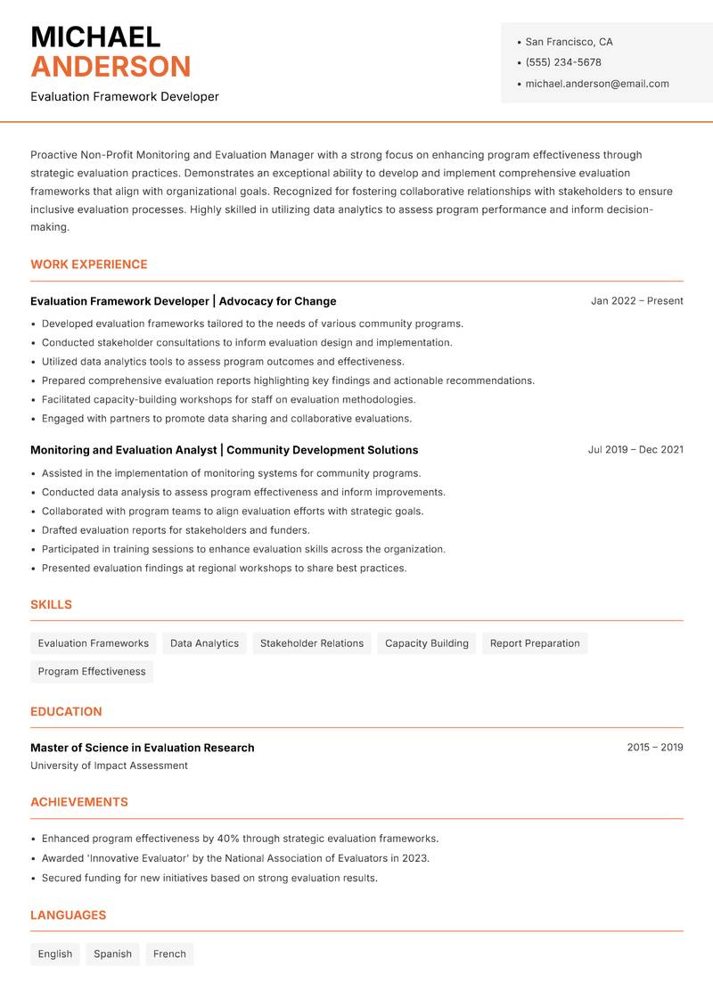 Non-Profit Monitoring and Evaluation Manager resume sample — Evaluation Framework Developer focus