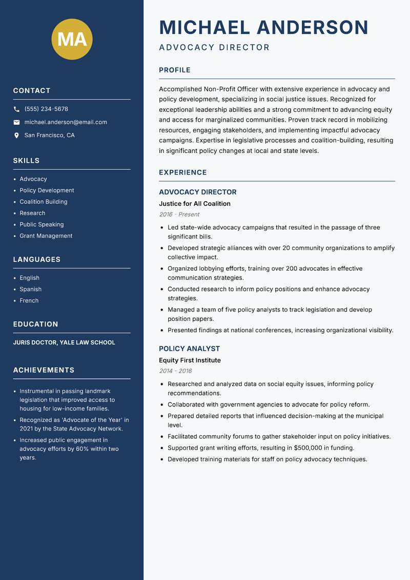 Non-Profit Officer resume sample — Advocacy Director focus
