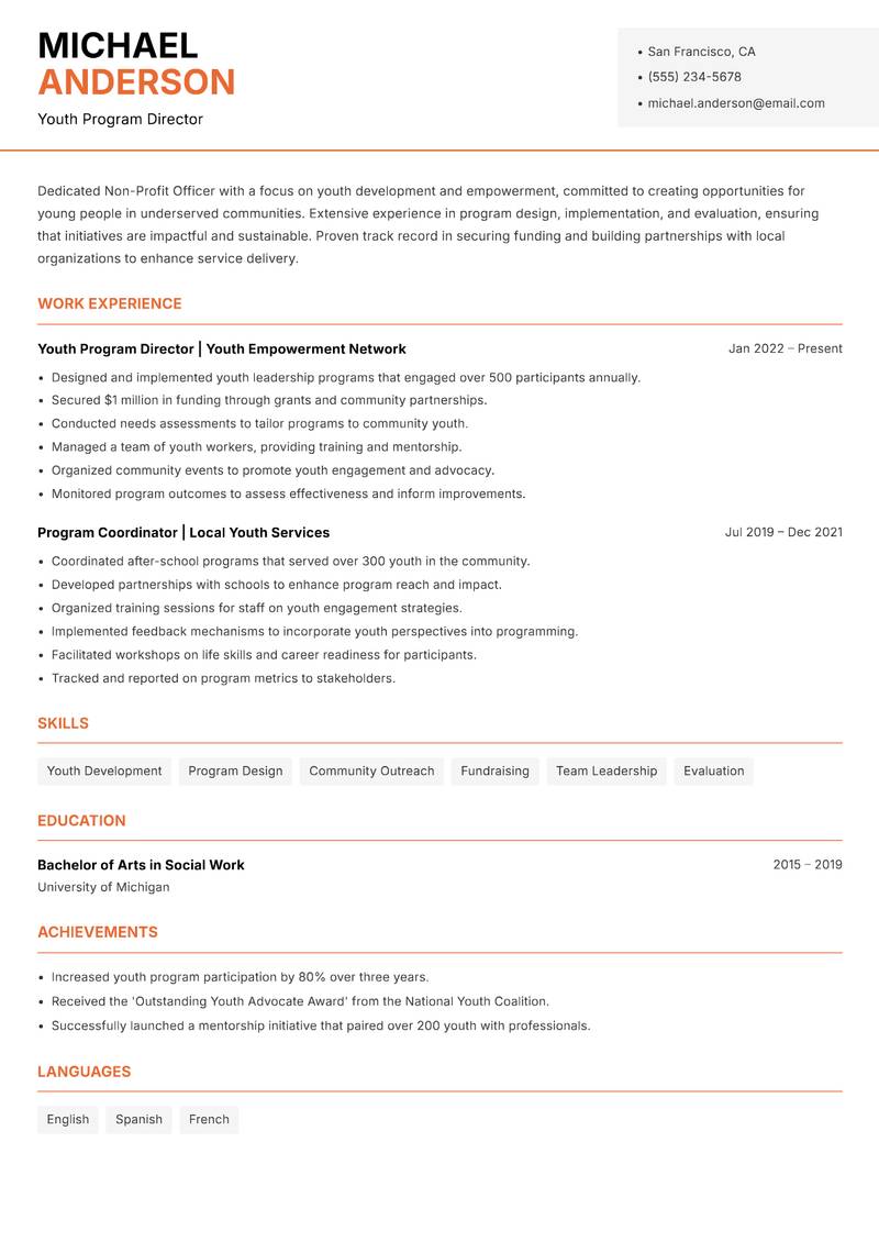Non-Profit Officer resume sample — Youth Program Director focus
