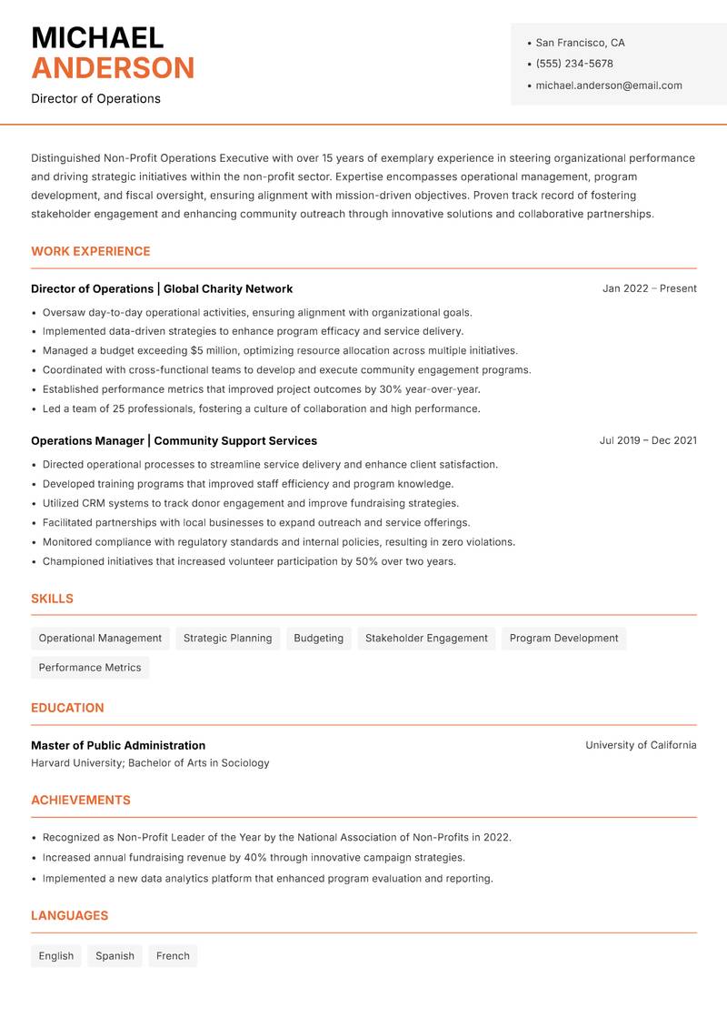 Non-Profit Operations Executive resume sample — Director of Operations focus