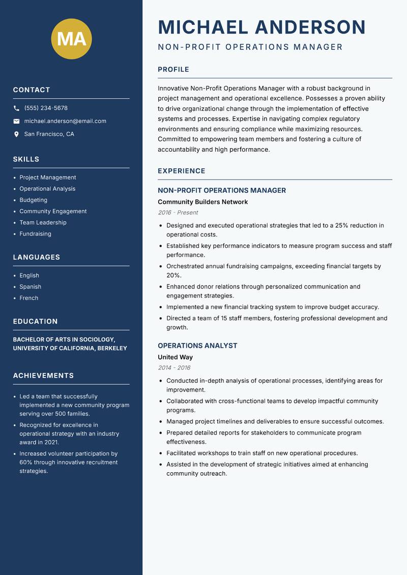 Non-Profit Operations Manager resume sample — Non-Profit Operations Manager focus