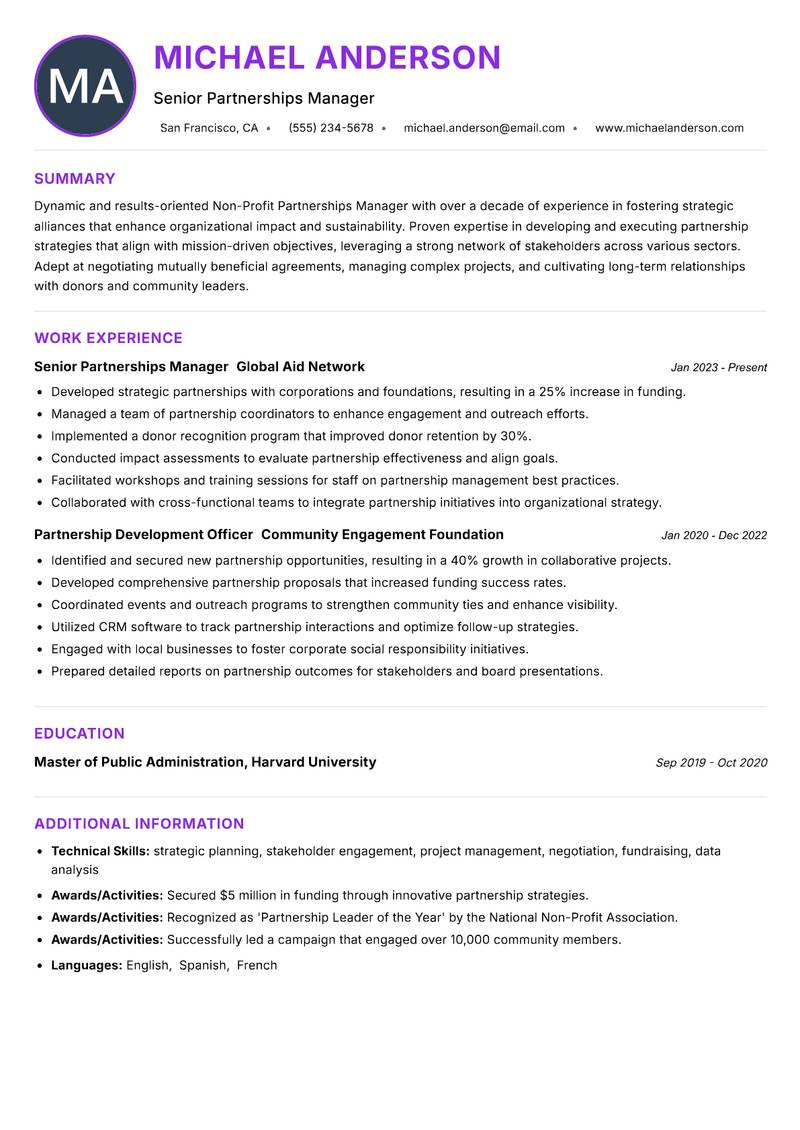 Non-Profit Partnerships Manager resume example