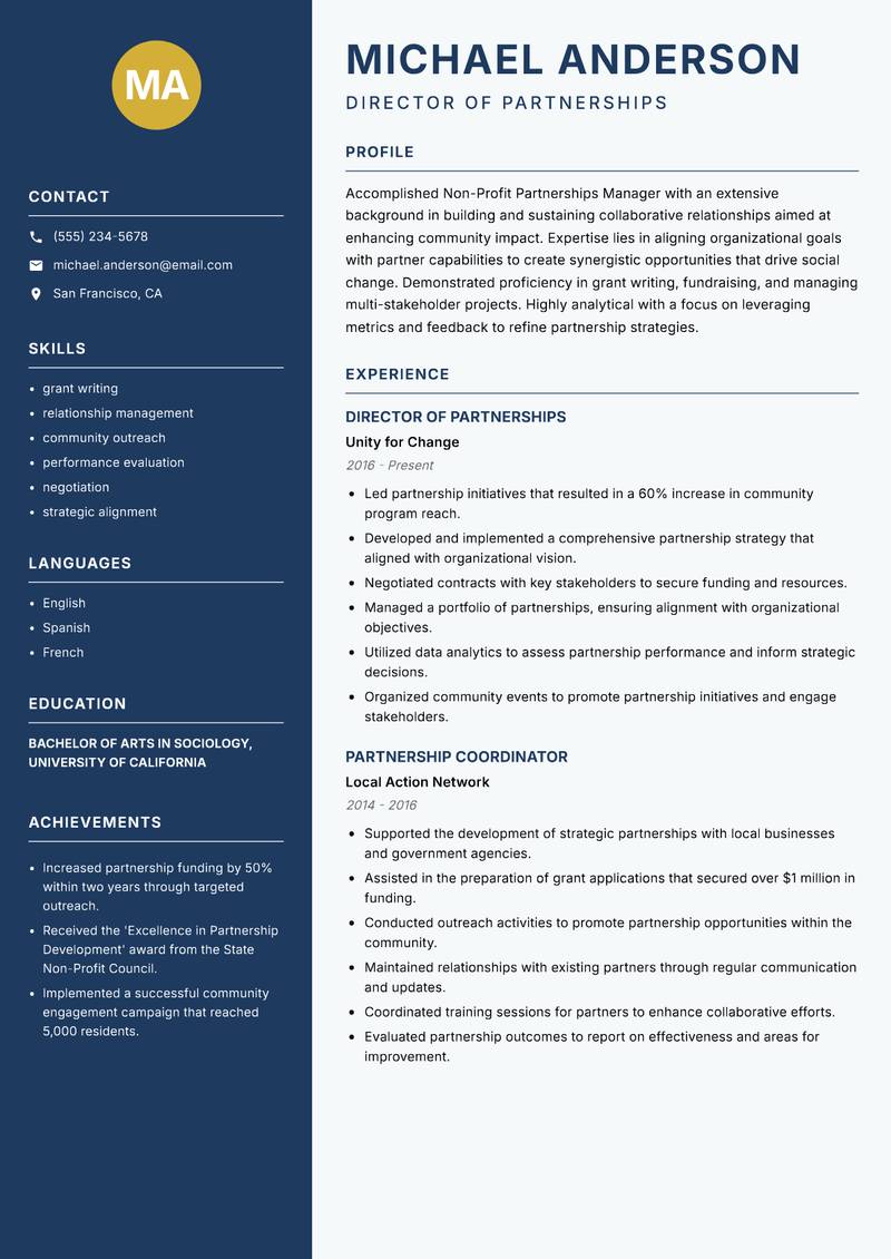 Non-Profit Partnerships Manager resume sample — Director of Partnerships focus