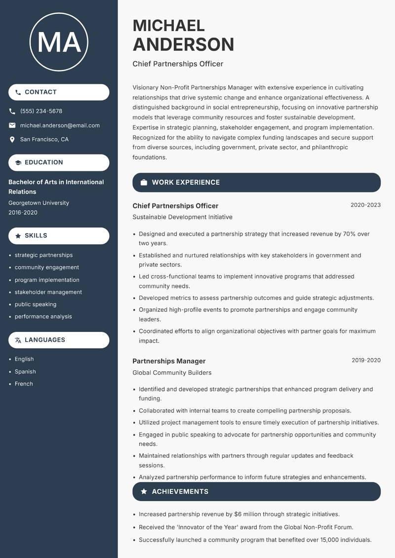 Non-Profit Partnerships Manager resume sample — Chief Partnerships Officer focus