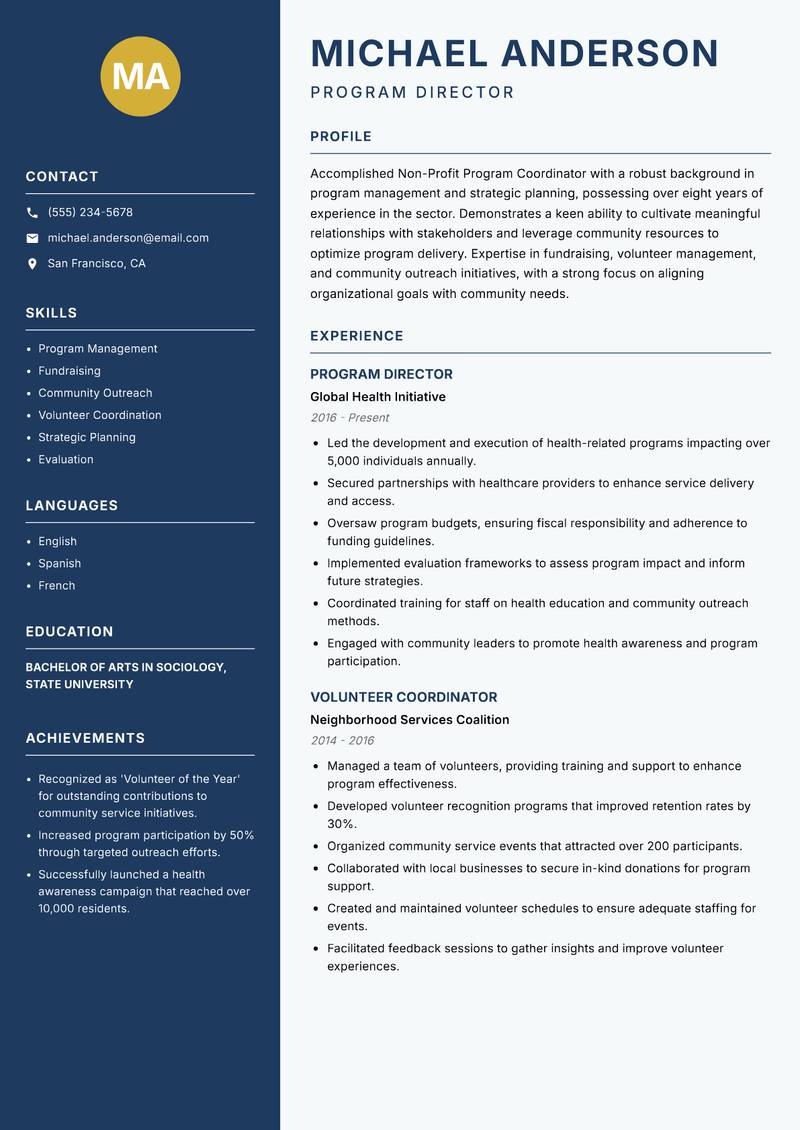Non-Profit Program Coordinator resume sample — Program Director focus