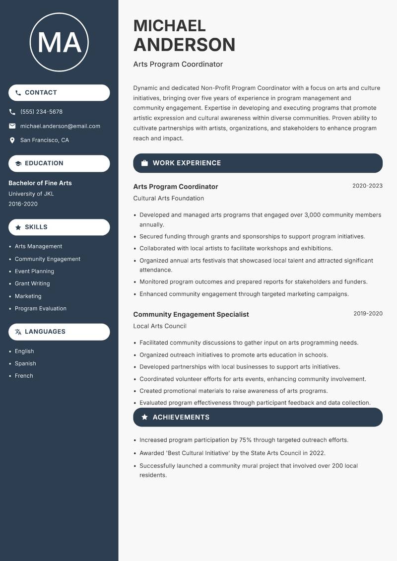 Non-Profit Program Coordinator resume sample — Arts Program Coordinator focus