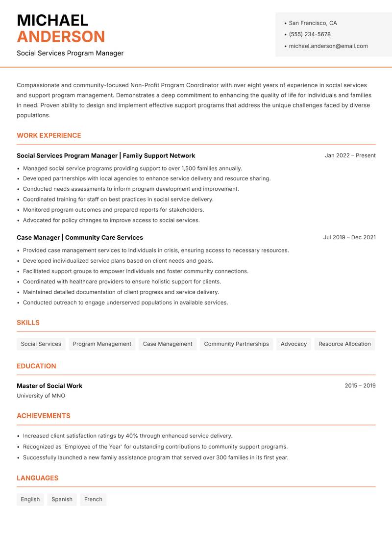 Non-Profit Program Coordinator resume sample — Social Services Program Manager focus