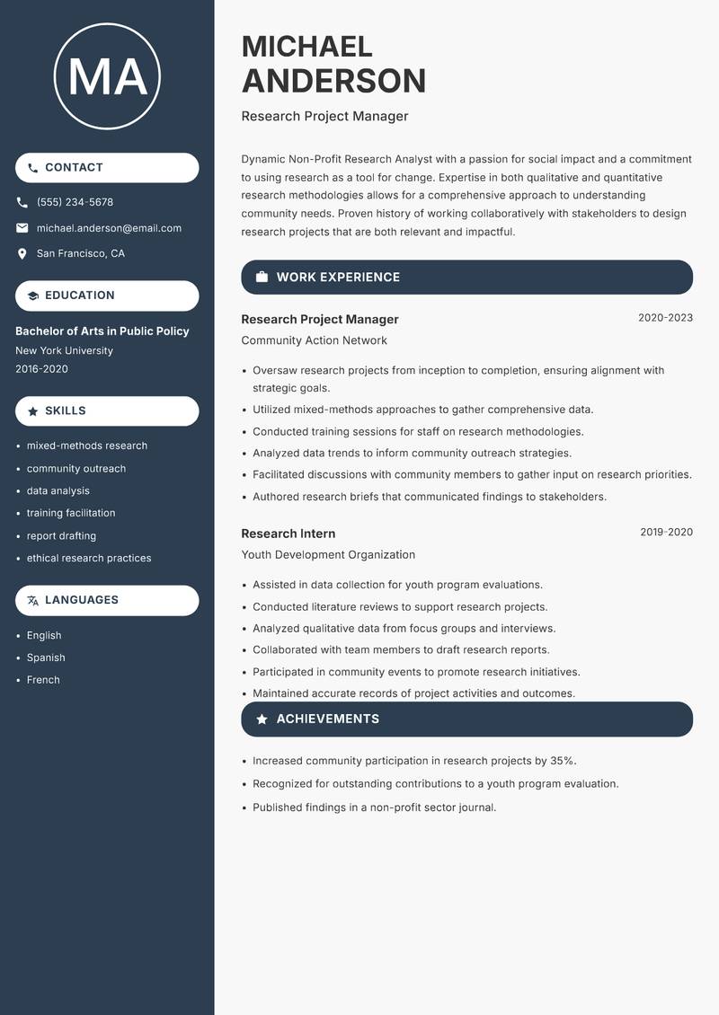 Non-Profit Research Analyst resume sample — Research Project Manager focus