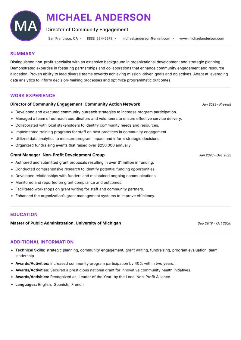 Non-Profit Specialist resume example