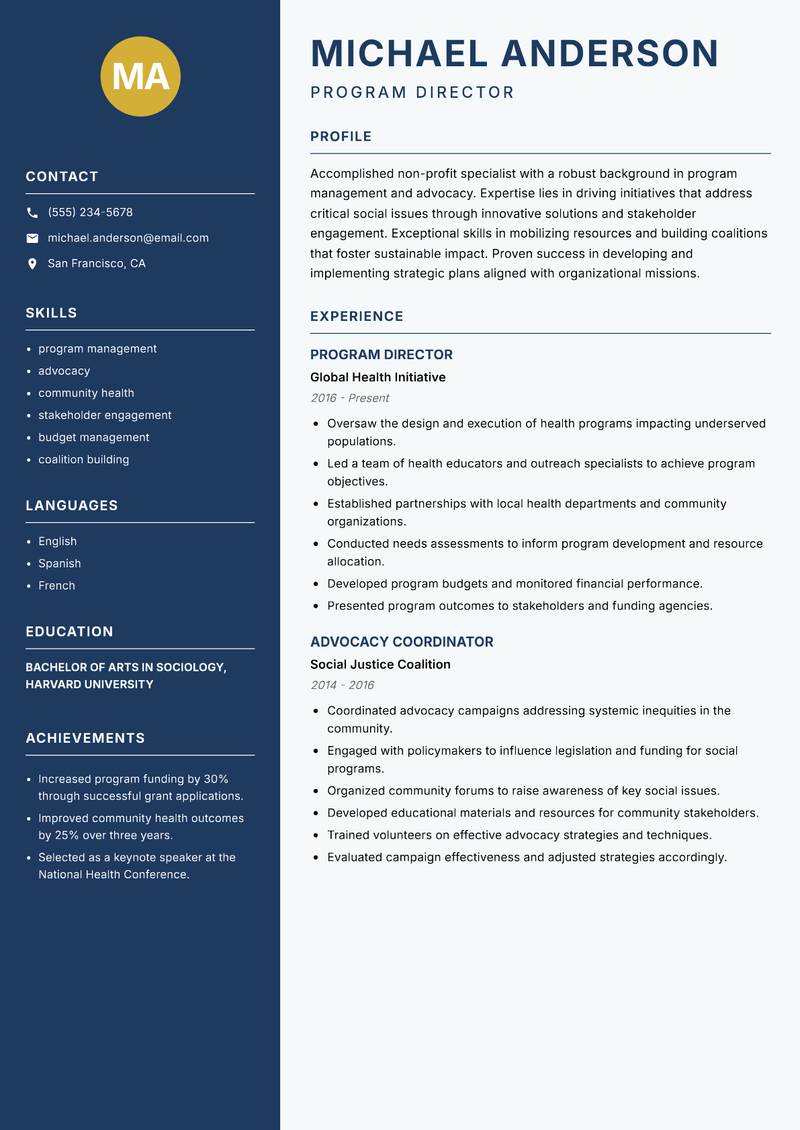 Non-Profit Specialist resume sample — Program Director focus