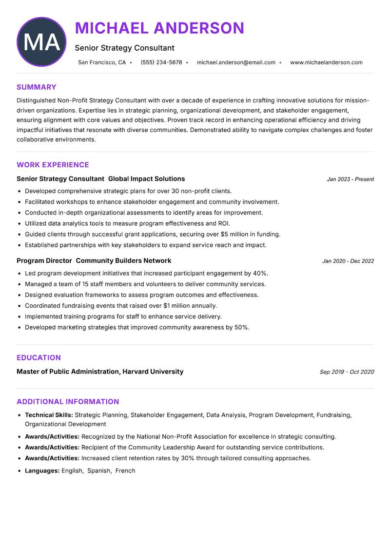 Non-Profit Strategy Consultant resume example