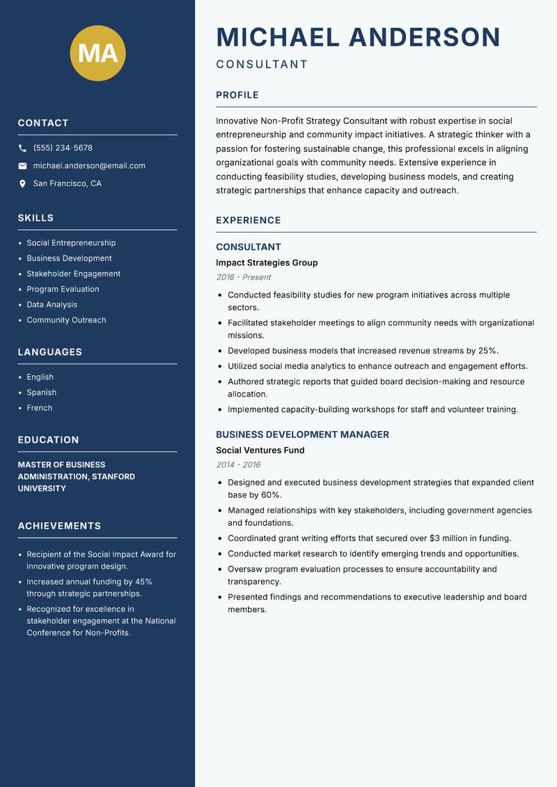 Non-Profit Strategy Consultant resume sample — Consultant focus