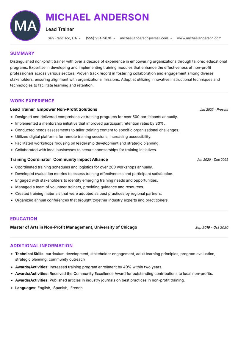 Non-Profit Trainer resume example