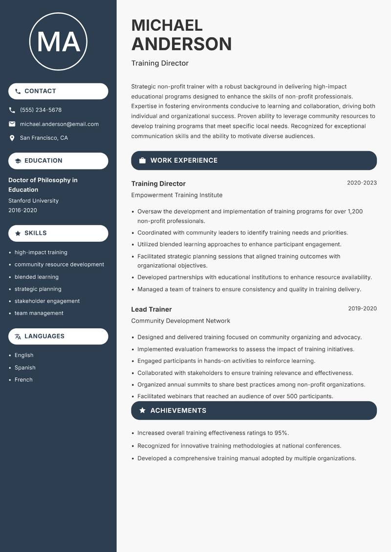 Non-Profit Trainer resume sample — Training Director focus