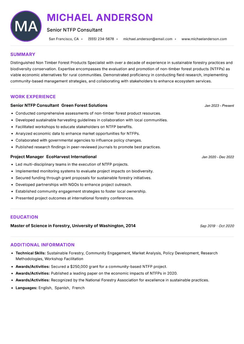 Non Timber Forest Products Specialist resume example