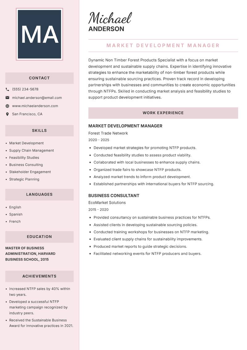 Non Timber Forest Products Specialist resume sample — Market Development Manager focus