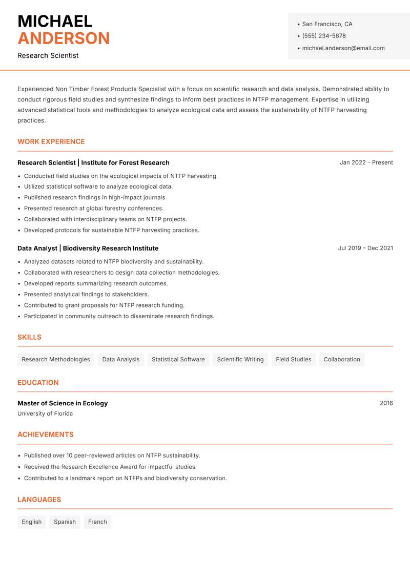 Non Timber Forest Products Specialist resume sample — Research Scientist focus