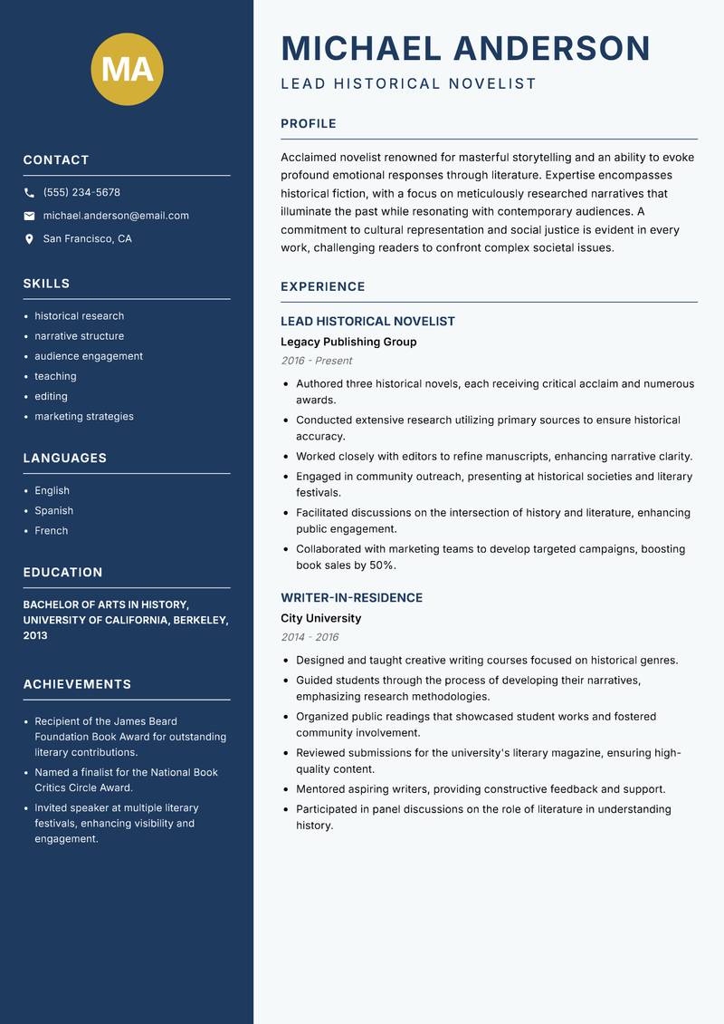 Novelist resume sample — Lead Historical Novelist focus