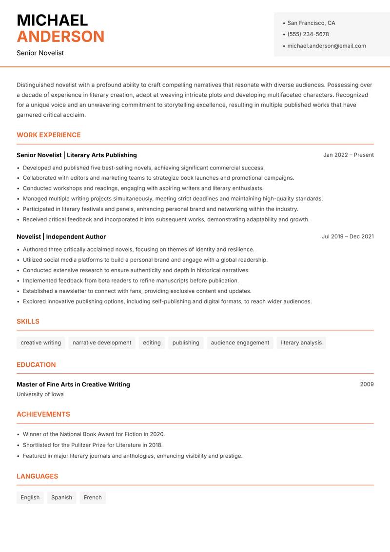 Novelist resume sample — Senior Novelist focus