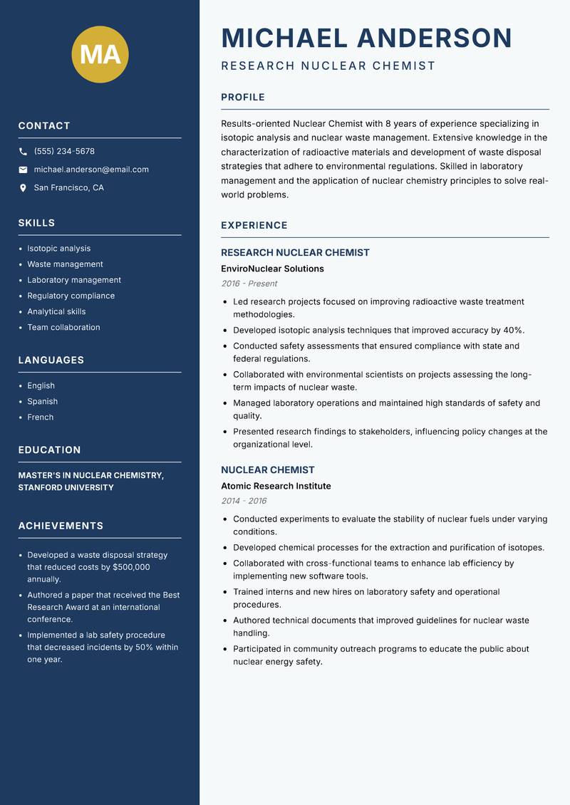 Nuclear Chemist resume sample — Research Nuclear Chemist focus