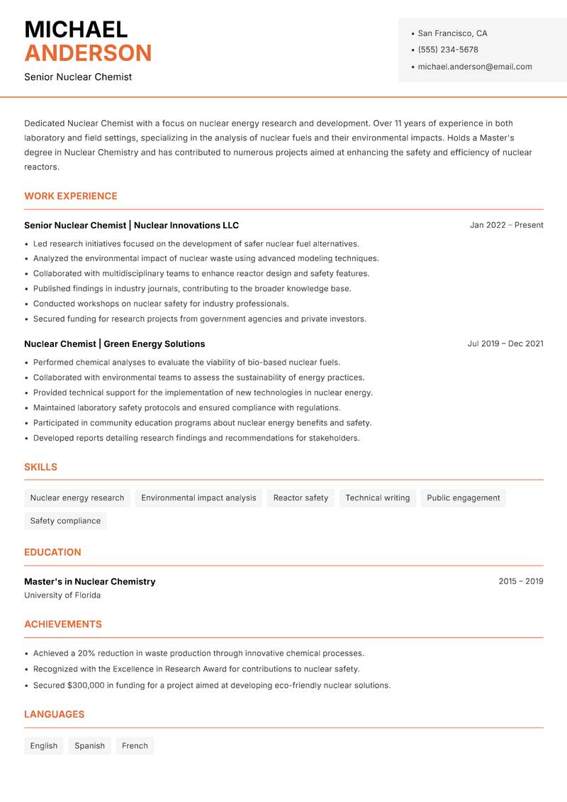 Nuclear Chemist resume sample — Senior Nuclear Chemist focus