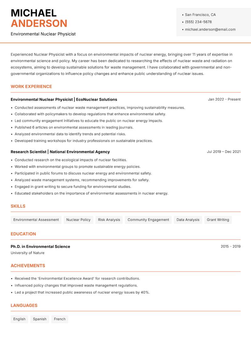 Nuclear Physicist resume sample — Environmental Nuclear Physicist focus