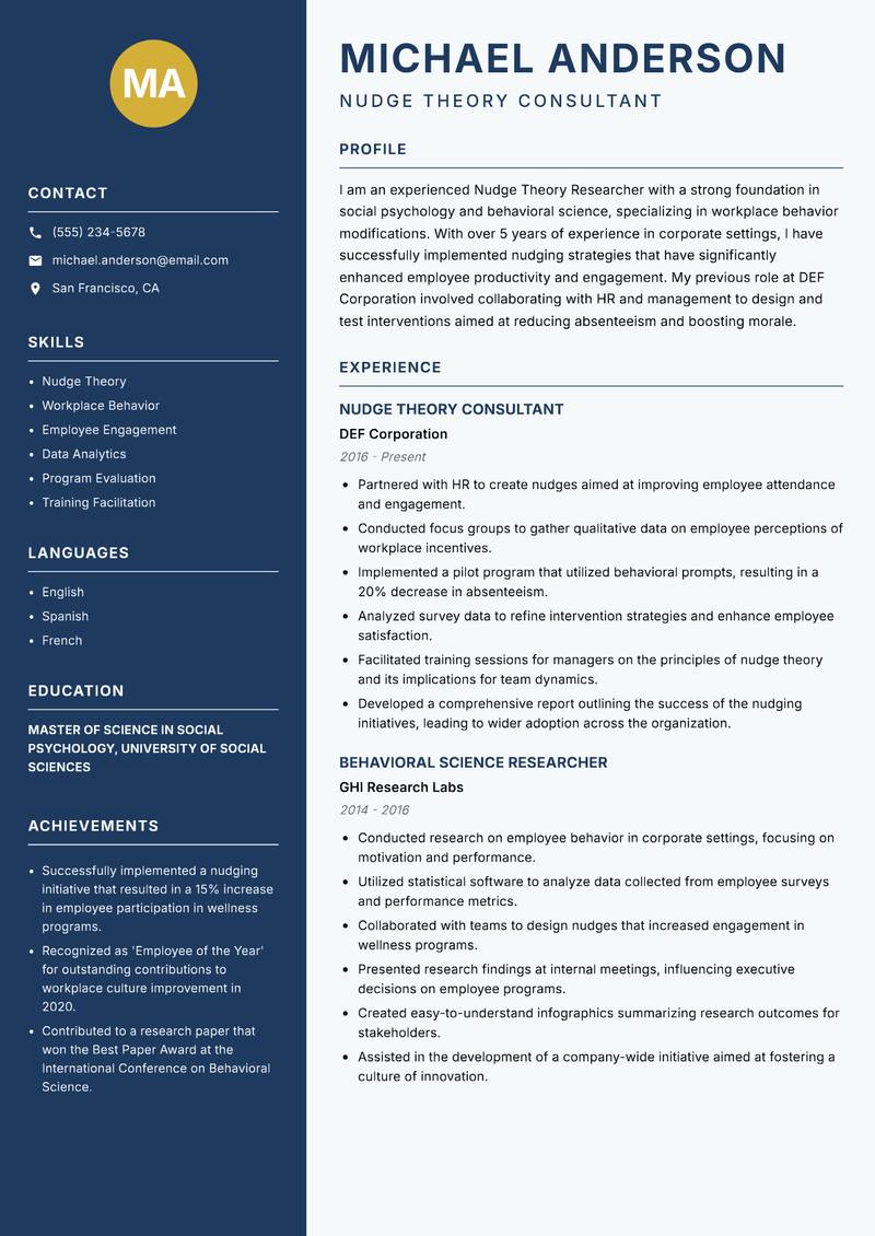 Nudge Theory Researcher resume sample — Nudge Theory Consultant focus