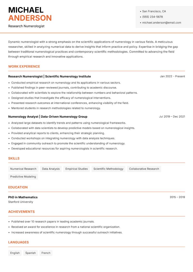 Numerologist resume sample — Research Numerologist focus