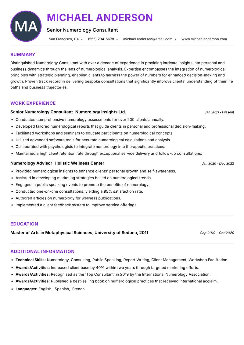 Numerology Consultant resume example