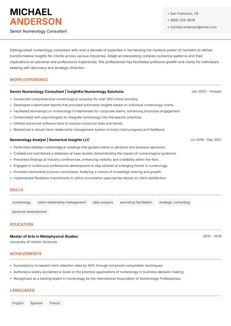 Numerology Consultant resume sample — Senior Numerology Consultant focus