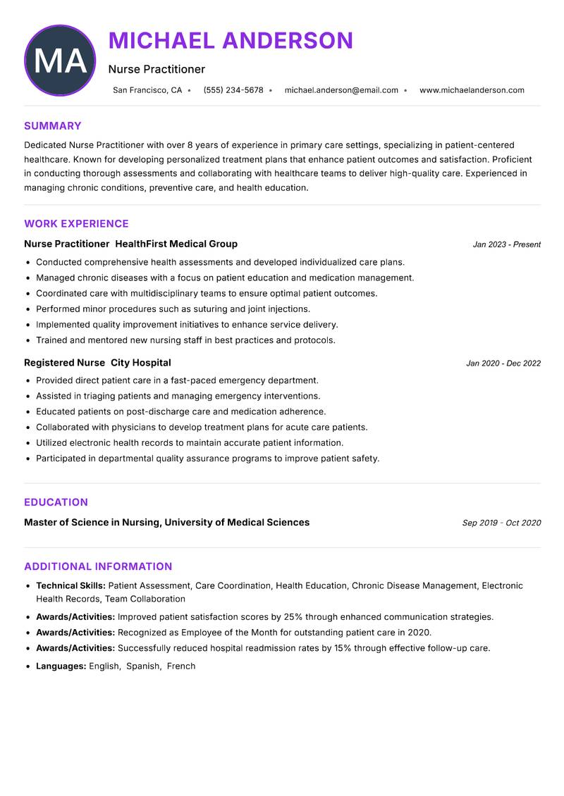Nurse Practitioner resume example