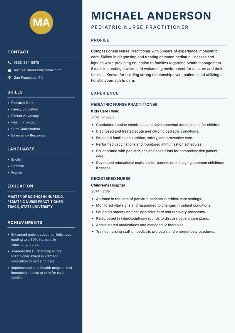 Nurse Practitioner resume sample — Pediatric Nurse Practitioner focus