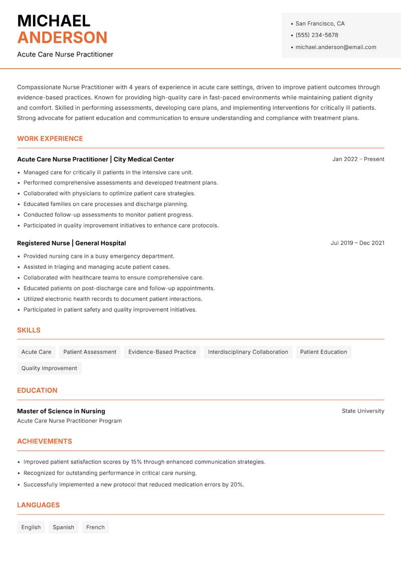 Nurse Practitioner resume sample — Acute Care Nurse Practitioner focus