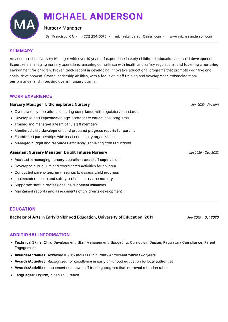 Nursery Manager resume example