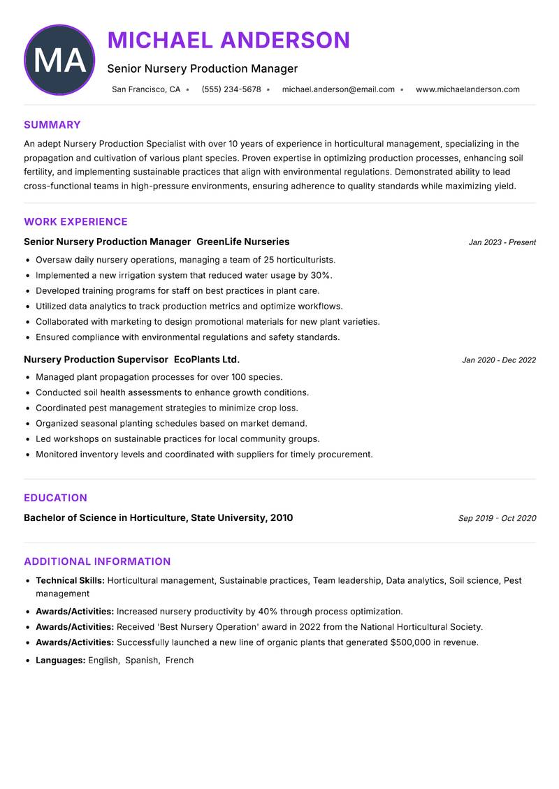 Nursery Production Specialist resume example