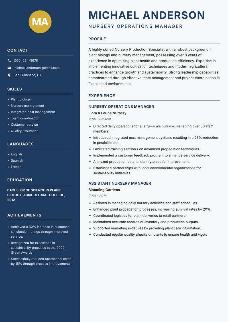Nursery Production Specialist resume sample — Nursery Operations Manager focus