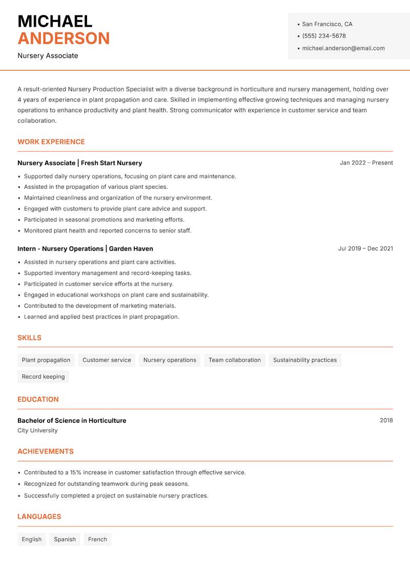 Nursery Production Specialist resume sample — Nursery Associate focus
