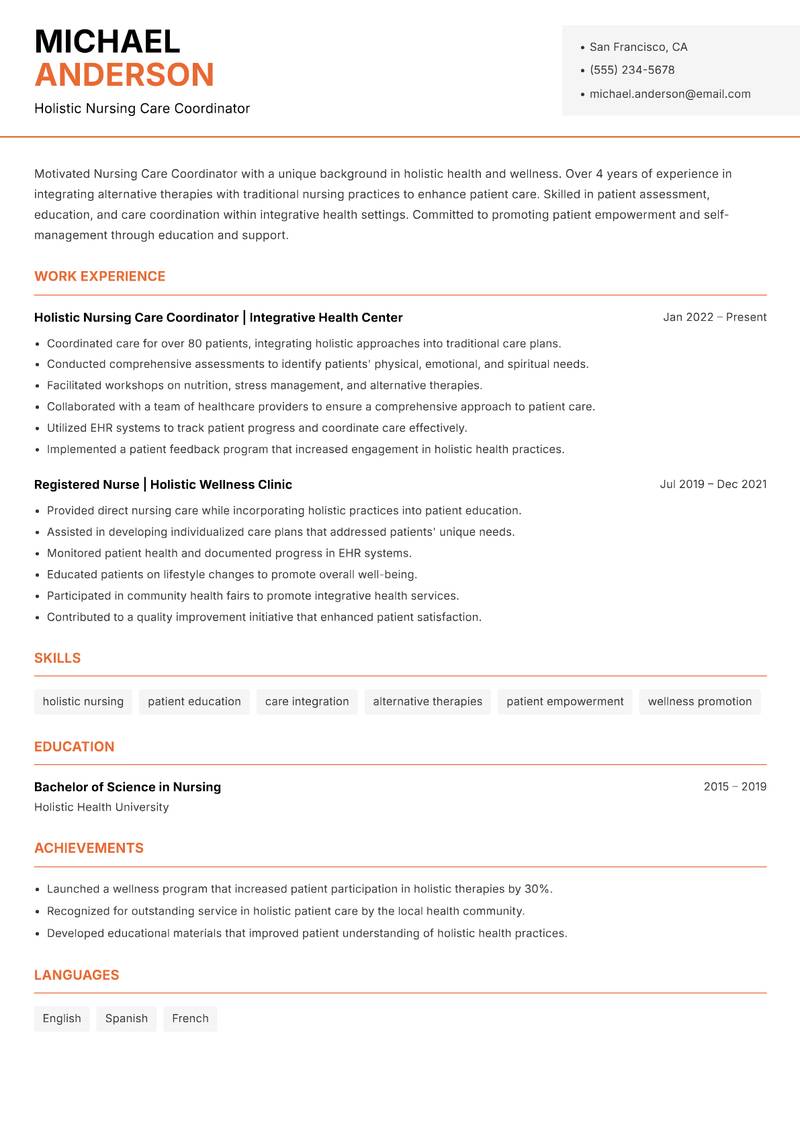Nursing Care Coordinator resume sample — Holistic Nursing Care Coordinator focus