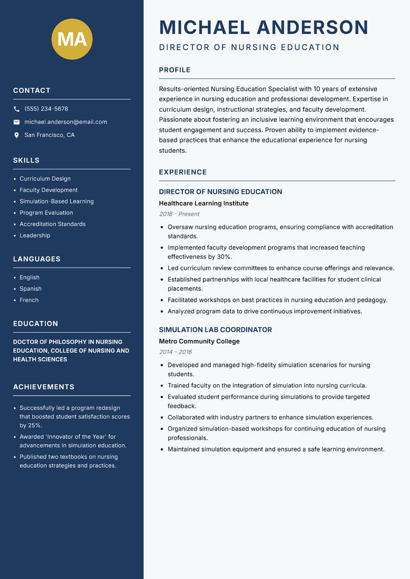 Nursing Education Specialist resume sample — Director of Nursing Education focus