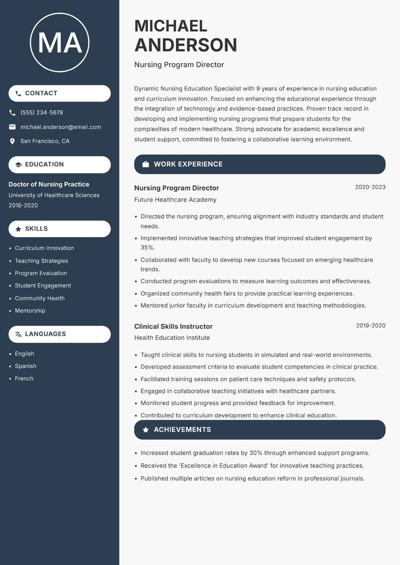 Nursing Education Specialist resume sample — Nursing Program Director focus