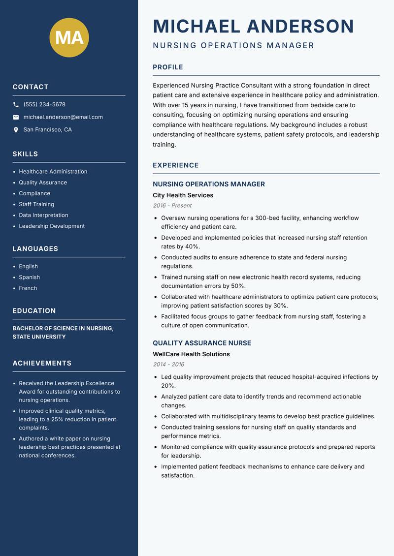 Nursing Practice Consultant resume sample — Nursing Operations Manager focus