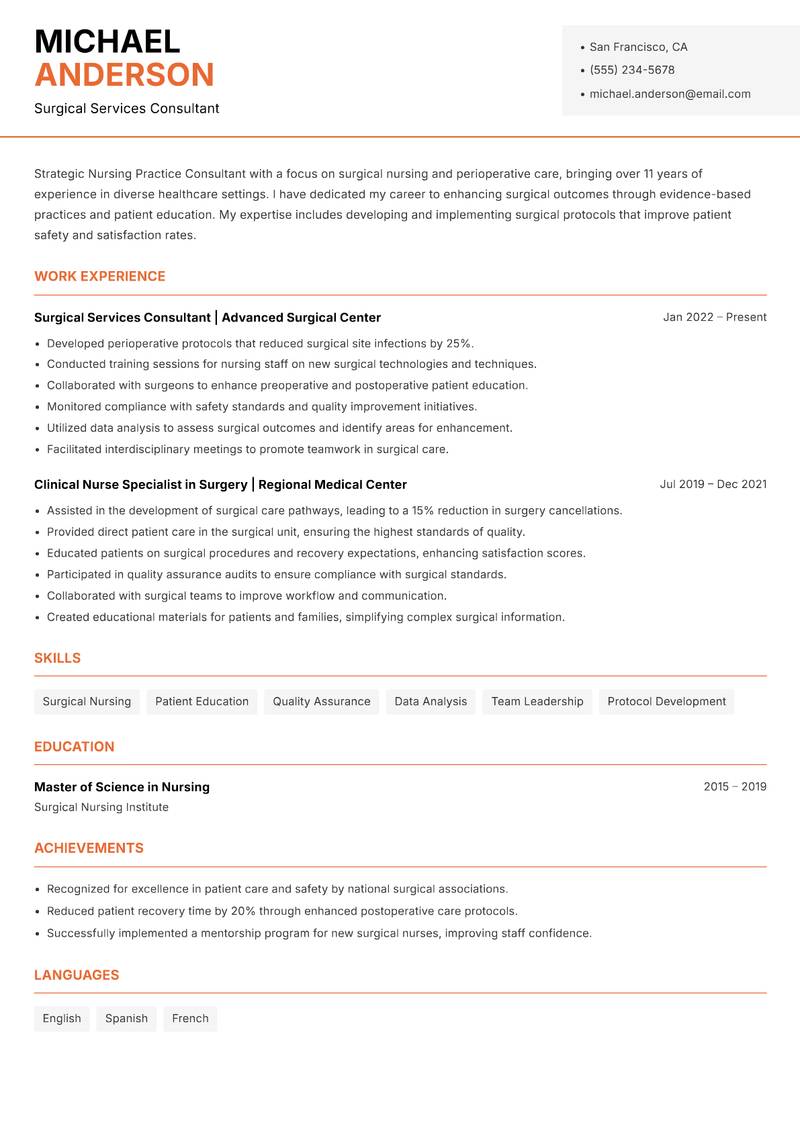 Nursing Practice Consultant resume sample — Surgical Services Consultant focus
