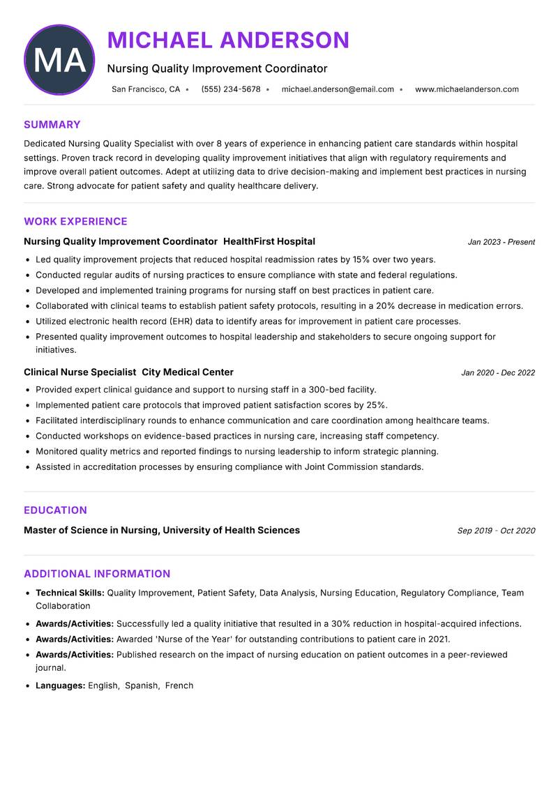 Nursing Quality Specialist resume example