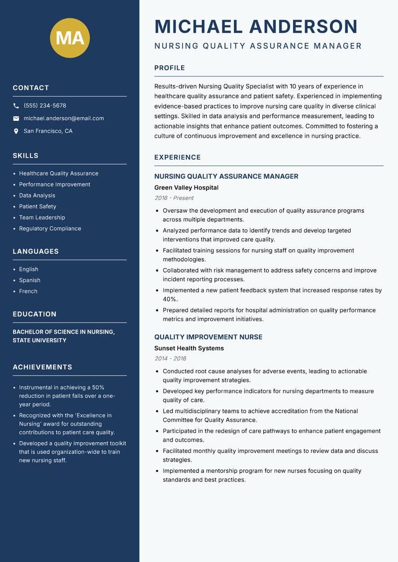 Nursing Quality Specialist resume sample — Nursing Quality Assurance Manager focus