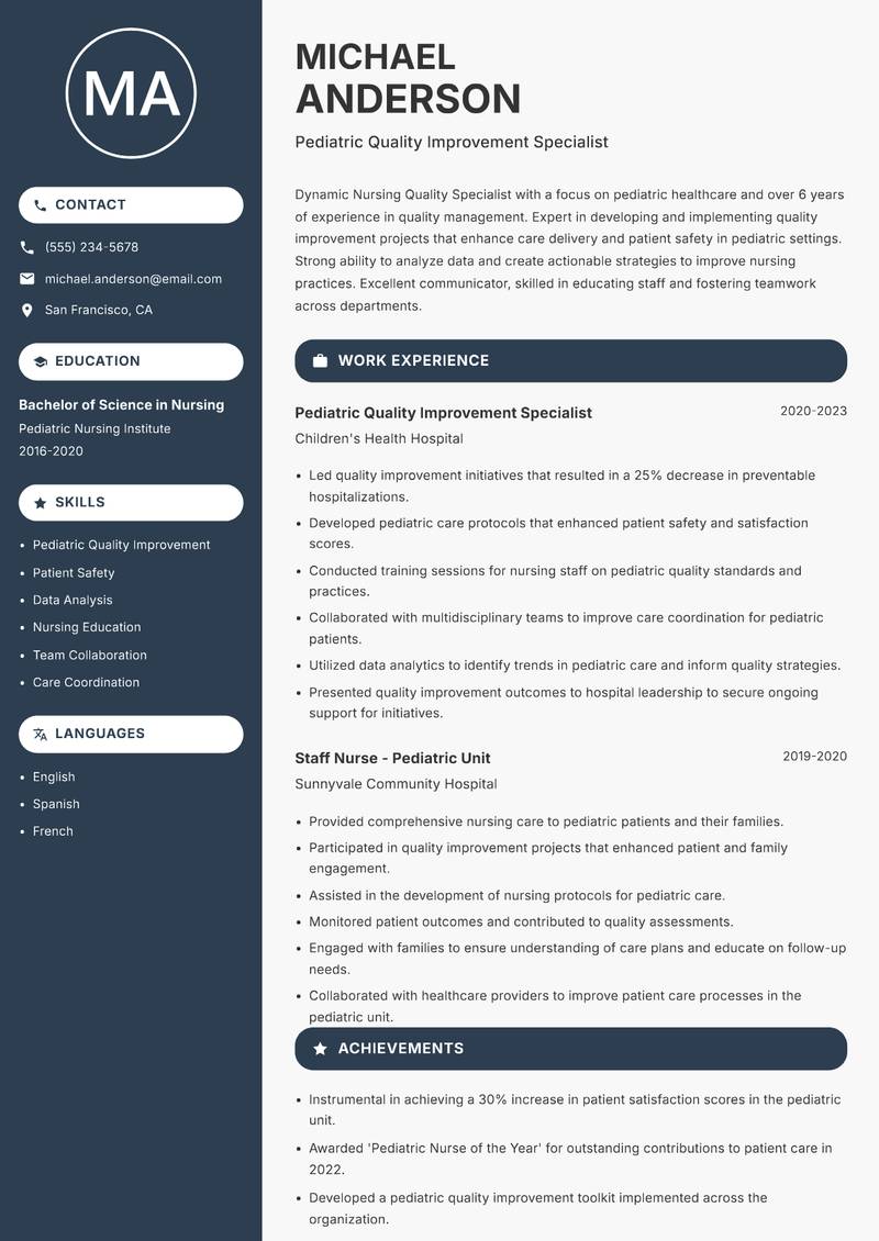Nursing Quality Specialist resume sample — Pediatric Quality Improvement Specialist focus